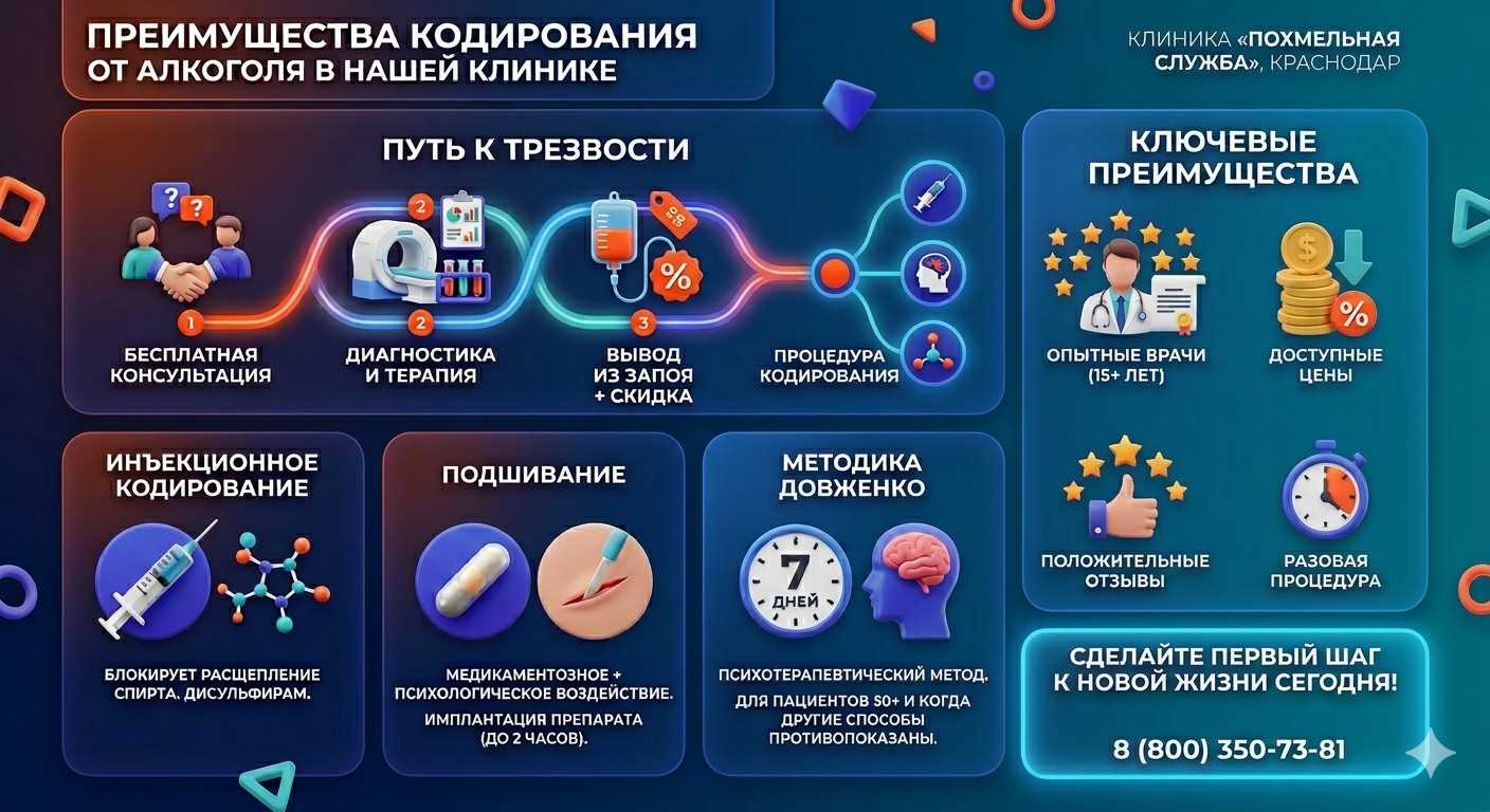 Инфографика о методах кодирования от алкоголя в Косихе: инъекции, подшивание, метод Довженко. Преимущества клиники и этапы лечения.