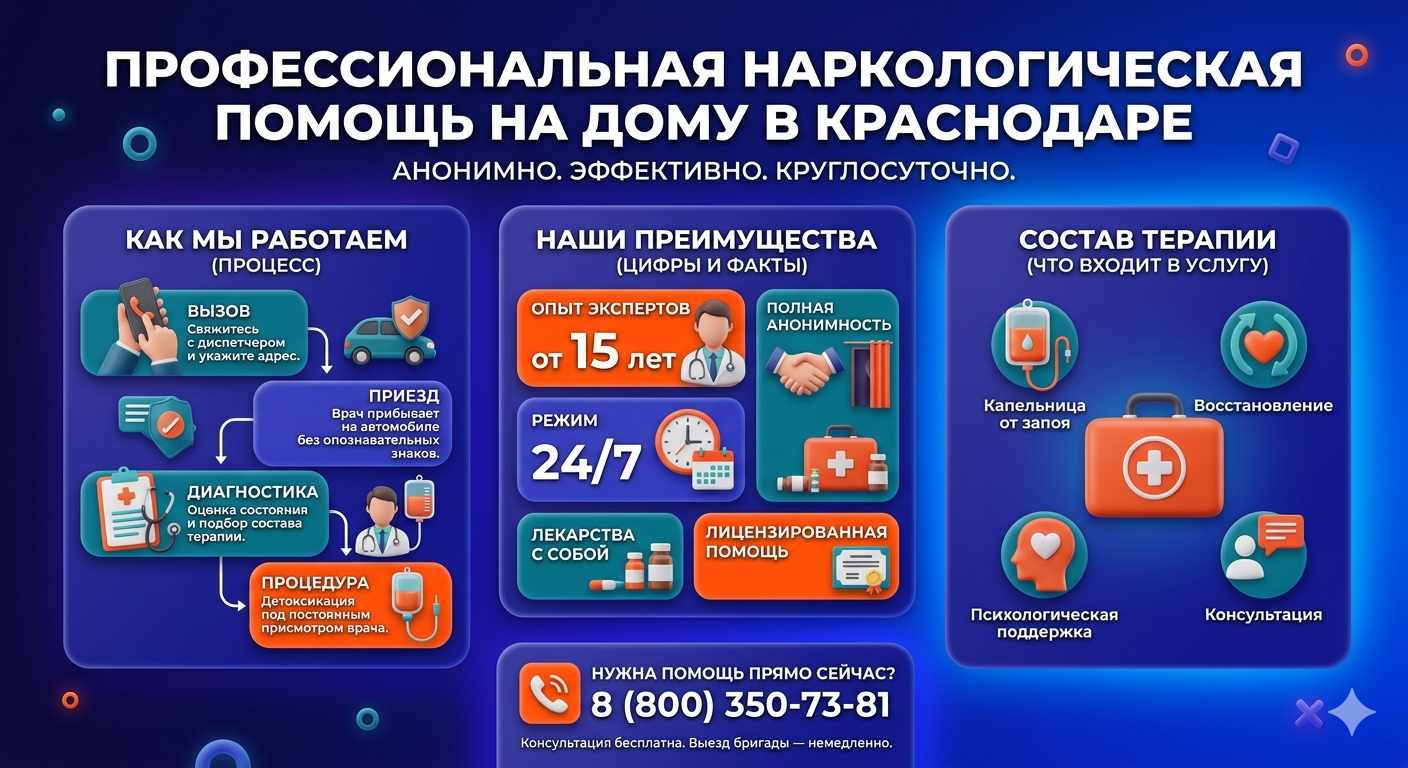 Инфографика о принципах лечения алкоголизма на дому в Косихе: этапы вызова нарколога, преимущества анонимной детоксикации и состав медицинской помощи.